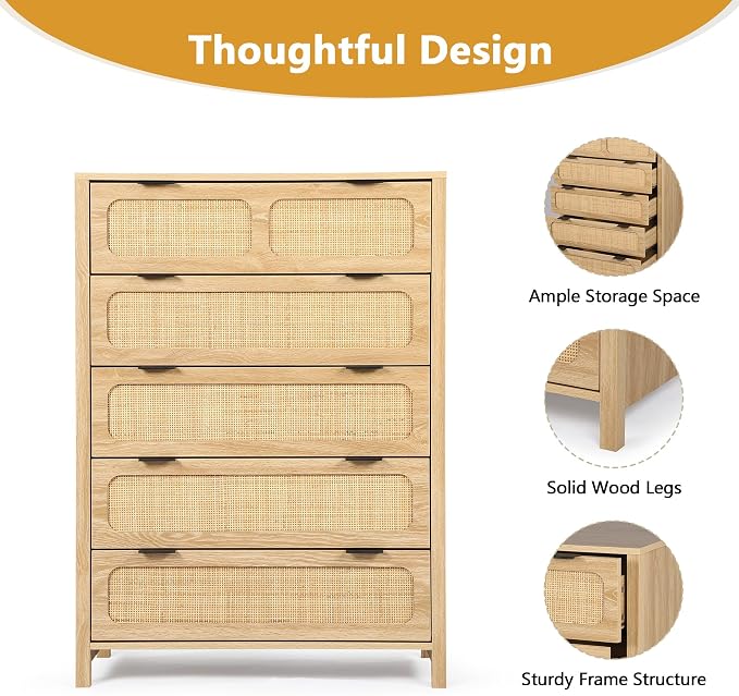 LEVNARY 5 Drawer Chest Dresser, Rattan Tall Dresser 5 Chest of Drawers Dressers - Image 4