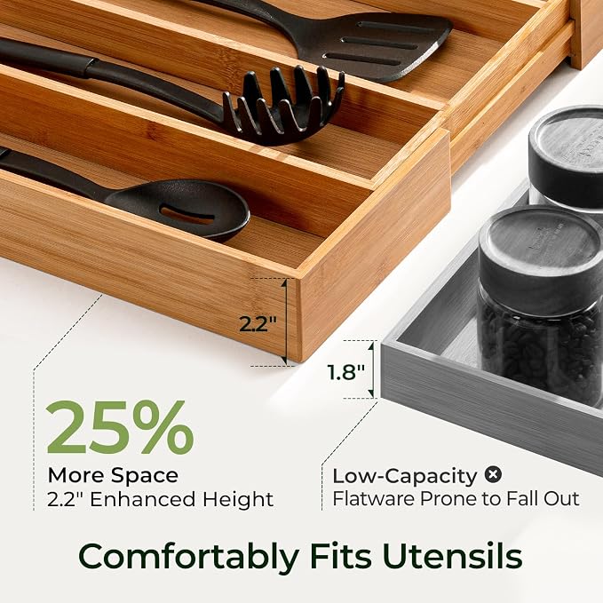 Carbonized Bamboo Kitchen Drawer Organizer, 5 Slots Expandable Silverware - Image 4