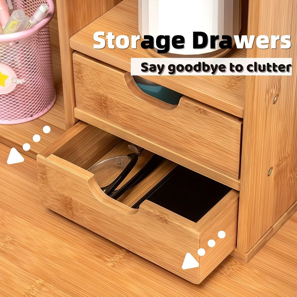 Bamboo Desktop Bookshelf 2-Tier Short Bookshelf with 2 Drawers Desk