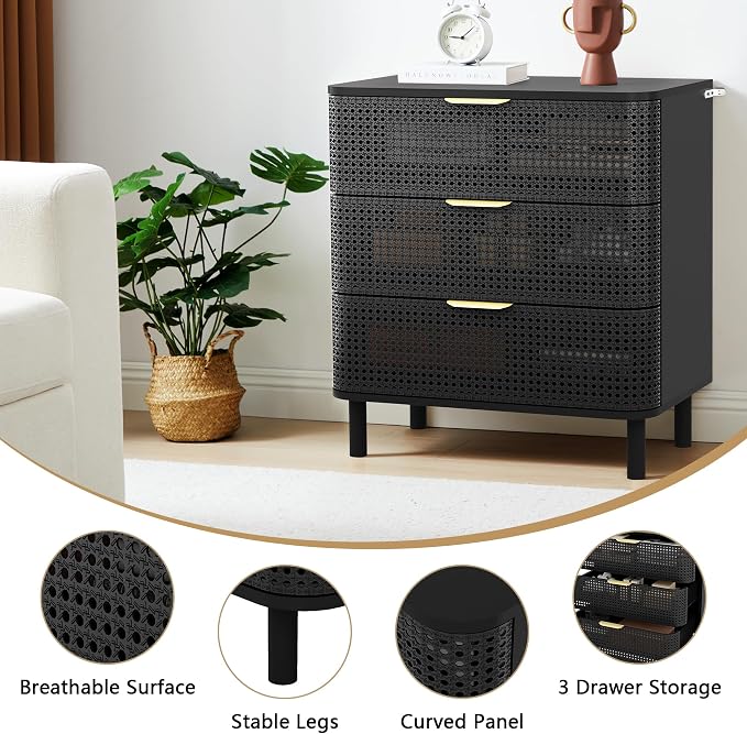ORRD 3 Drawer Dresser, Modern Iron Rattan Cabinet Dresser - Image 4