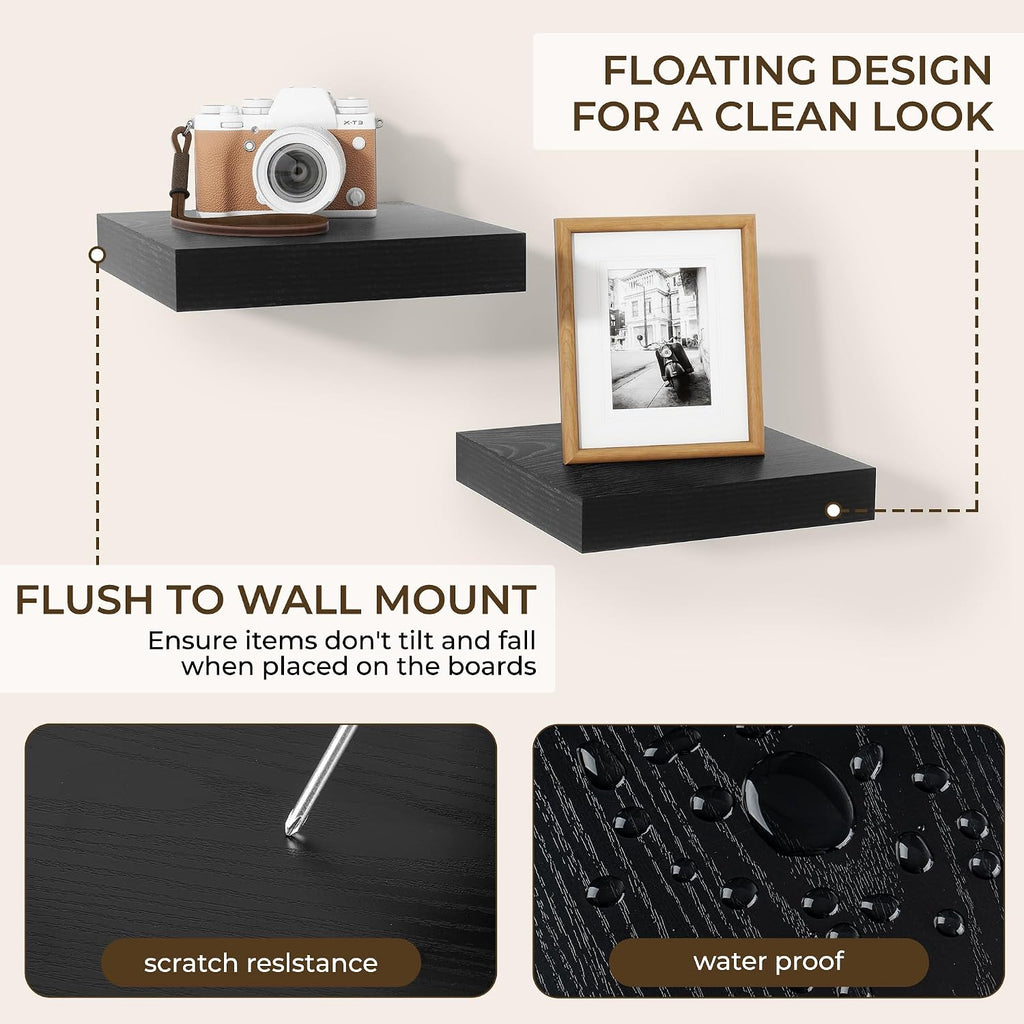 RICHFOCUS 8Inch Square Floating Shelves for Wall 4Pack|Black