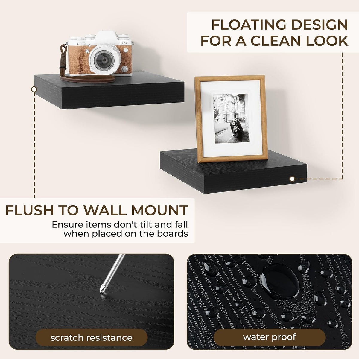 RICHFOCUS 8Inch Square Floating Shelves for Wall 4Pack|Black