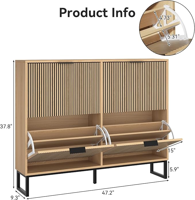 Shoe Cabinet with 4 Flip Drawers, Narrow Wood Shoe Cabinet Storage - Image 2
