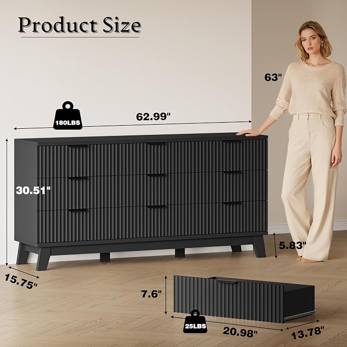 63" Long Dresser for Bedroom, 9-Drawer Fluted Dresser, Extra-Wide Wood Chest of - Image 2