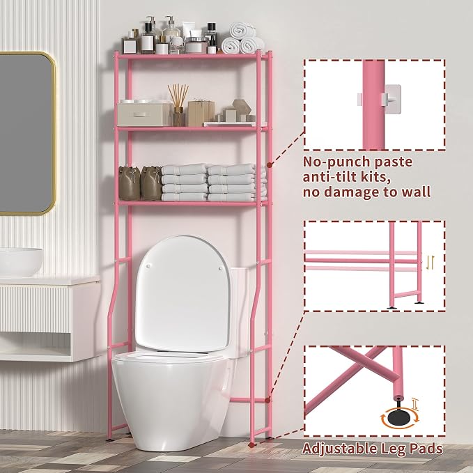 3-Tier Over The Toilet Storage, Freestanding Metal Bathroom Shelves, Space - Image 3