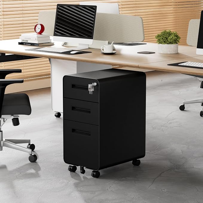 3 Drawer File Cabinet with Lock and 4 Keys, Mobile Metal Filing Cabinet - Image 2