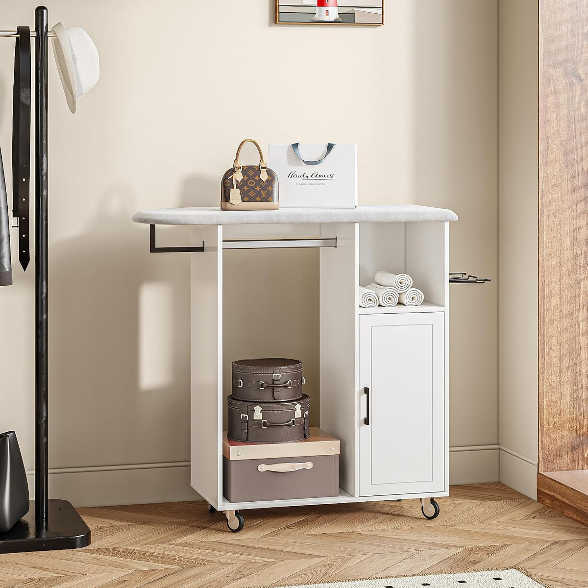 Rolling Ironing Board with Storage Cabinet, Multipurpose Wooden