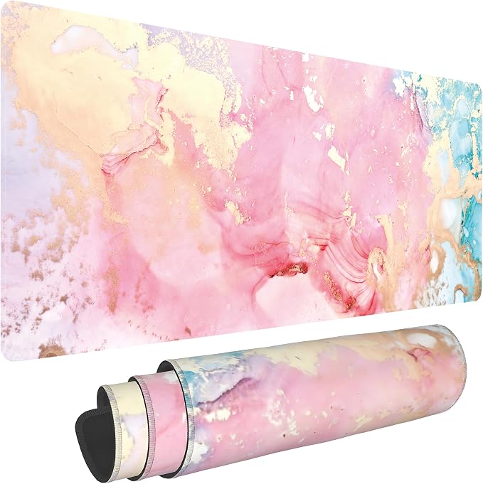 Cute Pink Marble Large Mouse Pad, Gaming Keyboard Desk Pad, Extended Mouse Mat by BAHDSISFA
