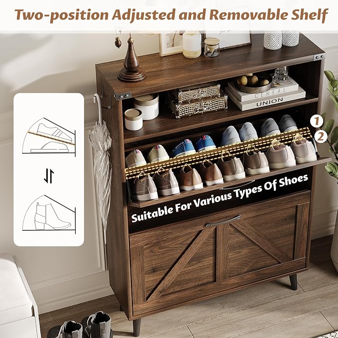 Shoe Cabinet with 2 Flip Drawers & Open Storage, Farmhouse Shoe Storage Cabinet - Image 4