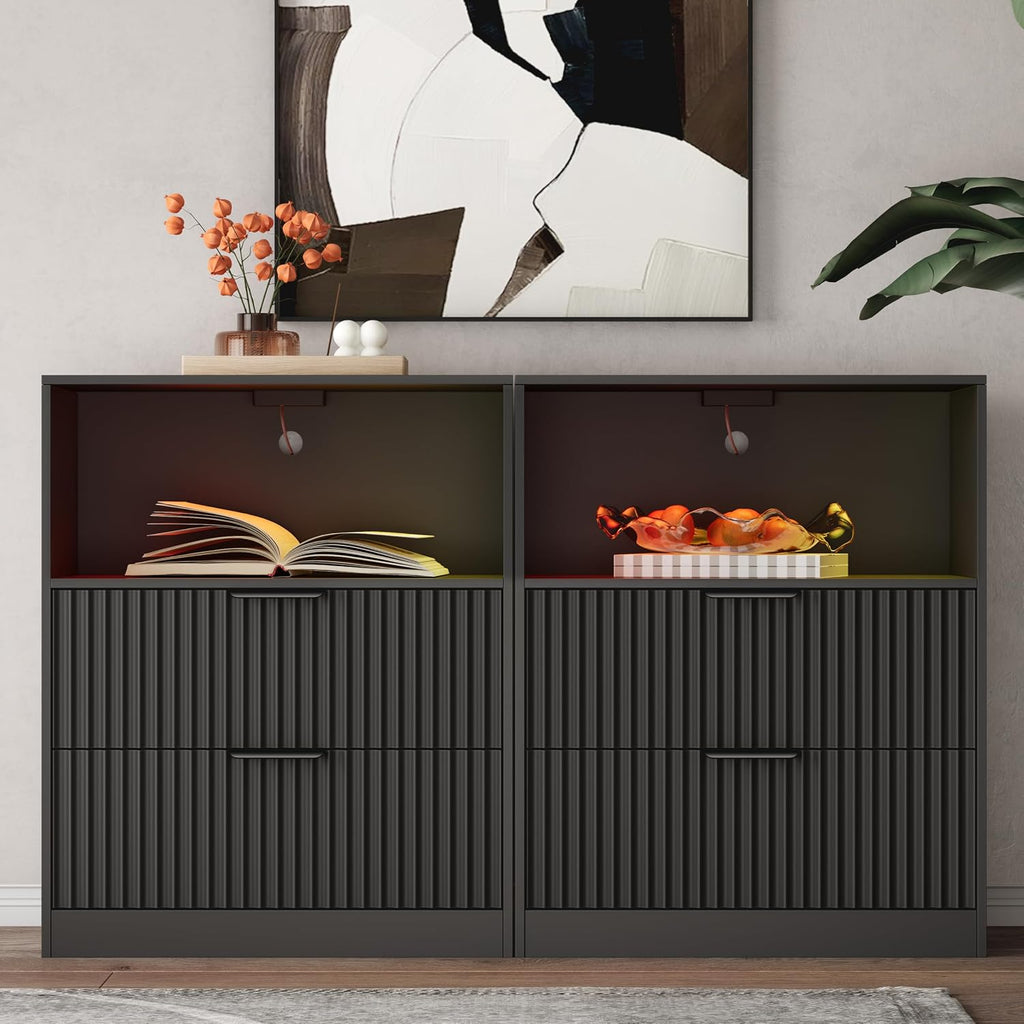 Fluted Nightstand with Charging Station & LED Lights, Fluted Wood