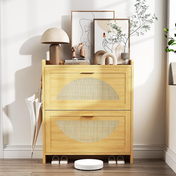 Rattan Shoe Cabinet with 2 Flip Drawers, Natural Wood Shoe Storage Cabinet by Patikuin