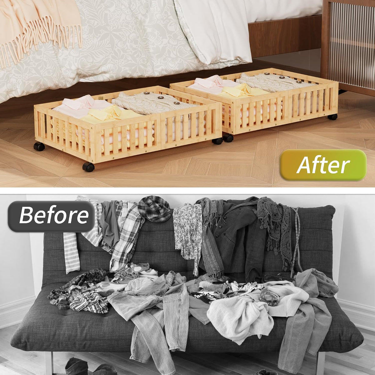Under Bed Storage with Wheels, 2 Pcs Bamboo Drawers for Clothes and