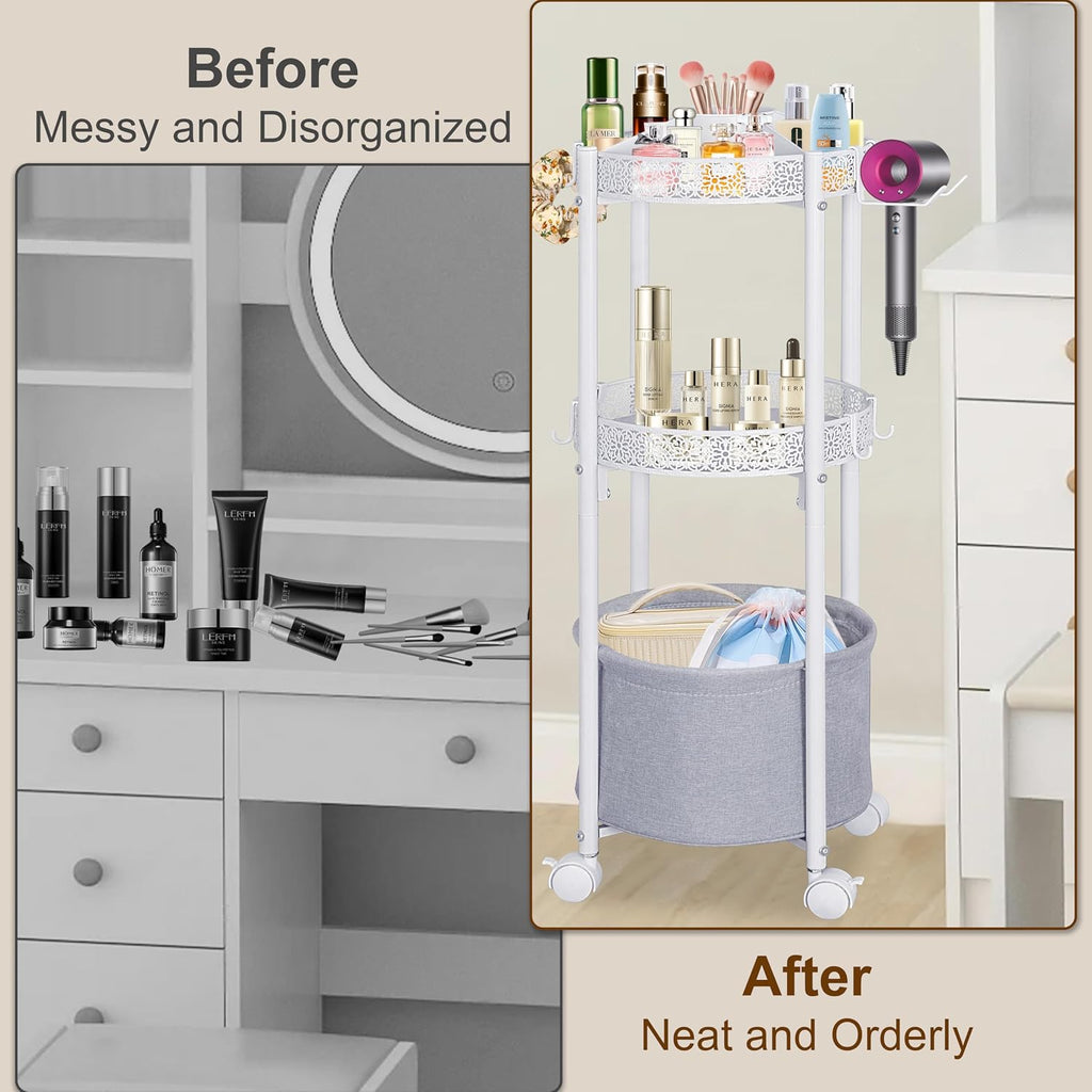 White Round Makeup Cart with Wheels, Rolling Vanity Organizer