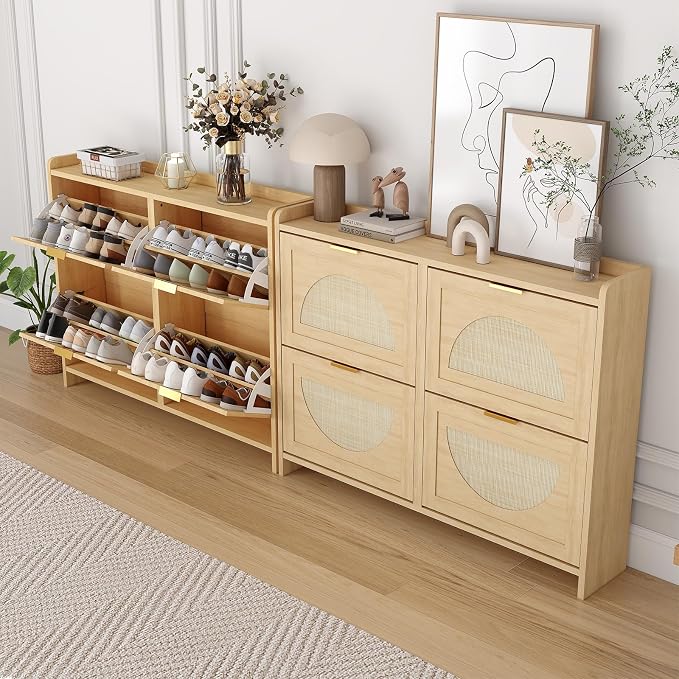 Rattan Shoe Cabinet with 4 Flip Drawers, Natural Wood Shoe Storage Cabinet - Image 6