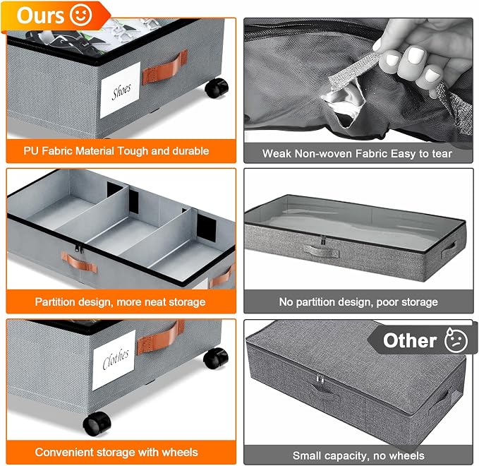 Under Bed Storage with Wheels, 1 Pack Under Bed Storage Container with Dividers - Image 2