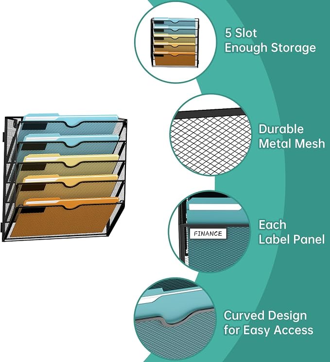 SUPEASY 5-Tier Wall File Organizer Mesh Office Mail Holder, Hanging Wall - Image 3