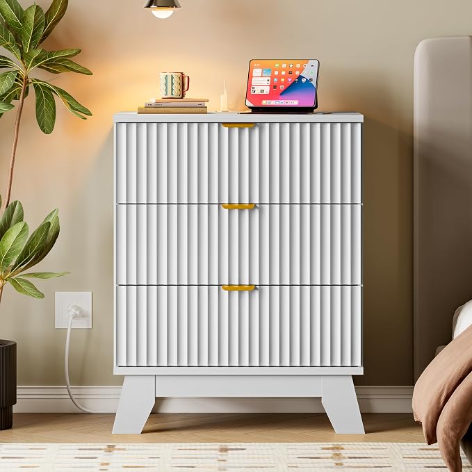 30.5" Nightstand with Charging Station, 3-Drawer Fluted Bedroom Chest, Wood - Image 7