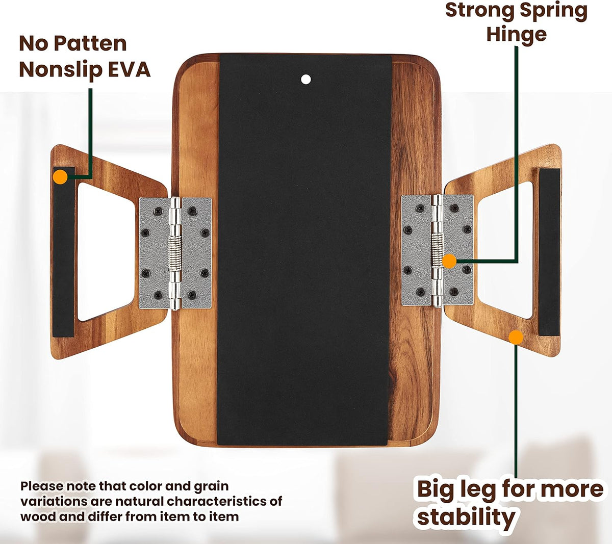 Large Acacia Sofa Arm Tray with Phone Holder, Clip-On Couch Table
