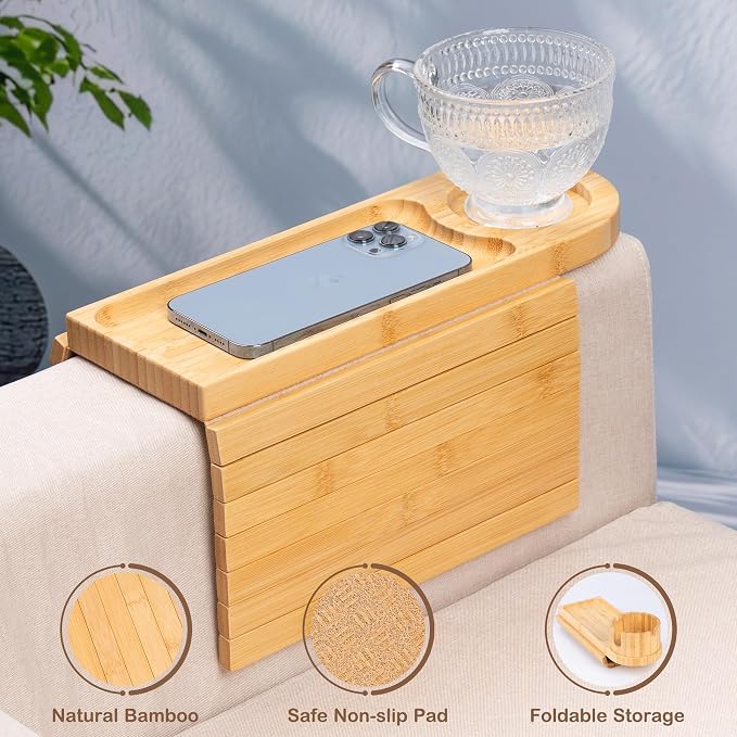 Couch Cup Holder Tray for Thin Armrest Wider Than 4.9'', Bamboo Couch Arm Tray - Image 5