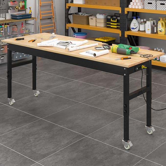 70'' Adjustable Workbench, Rubber Wood Top Work Bench Heavy-Duty Work Table - Image 7