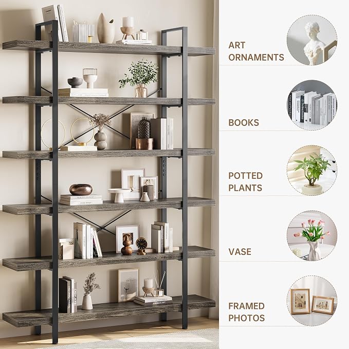 Bookshelf Set, Heavy Duty 6-Tier Industrial Bookcase, 120lbs Shelf Capacity - Image 3
