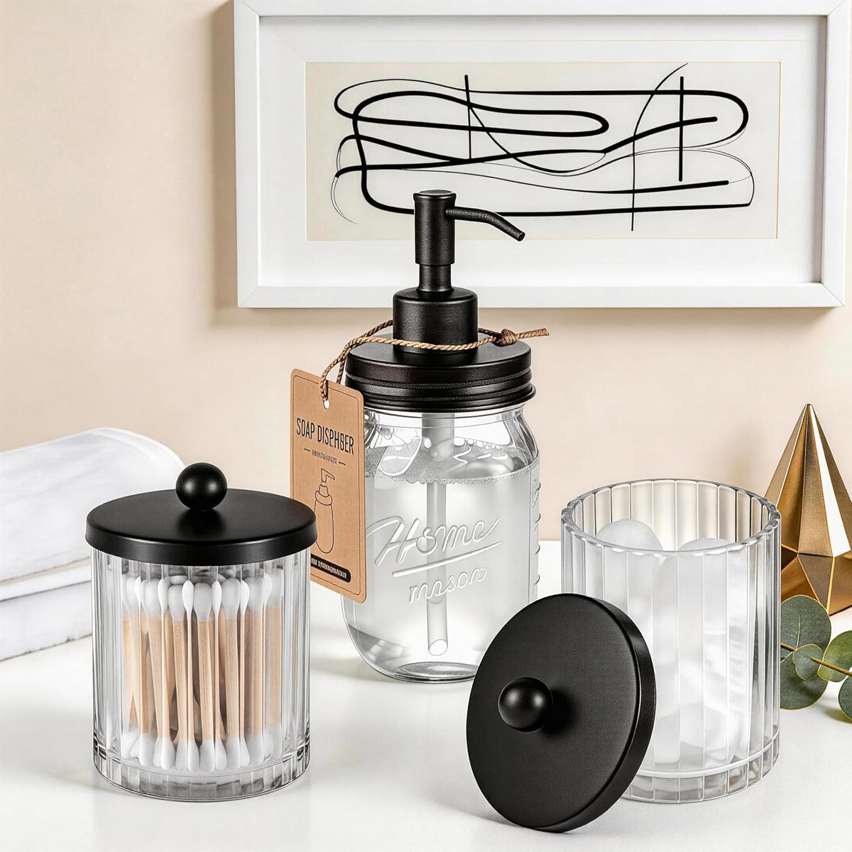 Amolliar Qtip Holder Dispenser, Clear Glass Apothecary Jars
