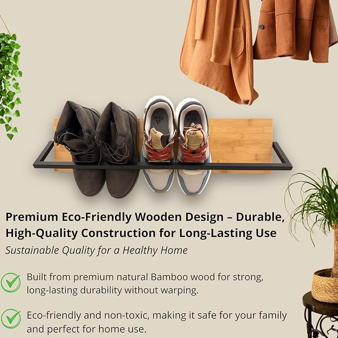 Wall Mounted Shoe Rack Scandinavian Bamboo & Metal Shoe Storage, Space-Saving - Image 4