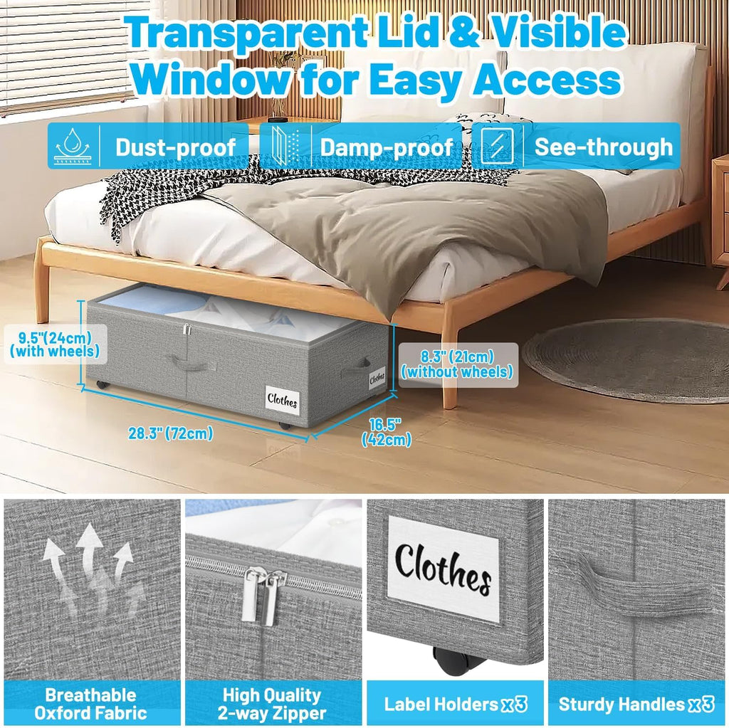 Under Bed Storage with Wheels, 2-Pack 10" Height XXL 75L Rolling