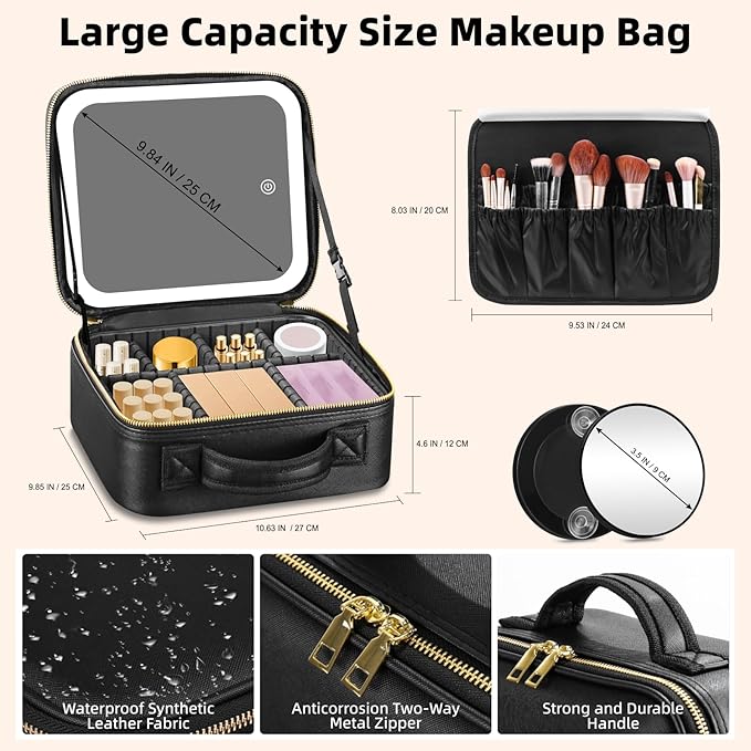 Makeup Bag with Mirror and Light 3 Colors, Travel Make up Bag with Mirror - Image 4