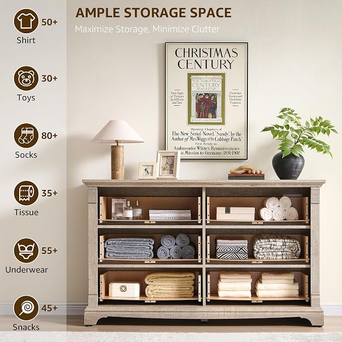 Farmhouse 6 Drawers Dresser for Bedroom, Wooden Dresser TV Stand - Image 4