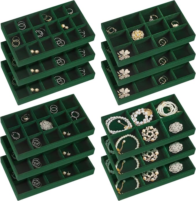 Junkin 12 Pcs Jewelry Tray Velvet Stackable Jewelry Organizer Trays Divided by Junkin