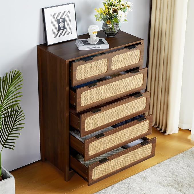 5 Drawer Dresser with Rattan Finish, Modern Farmhouse Chest of Drawers with - Image 4