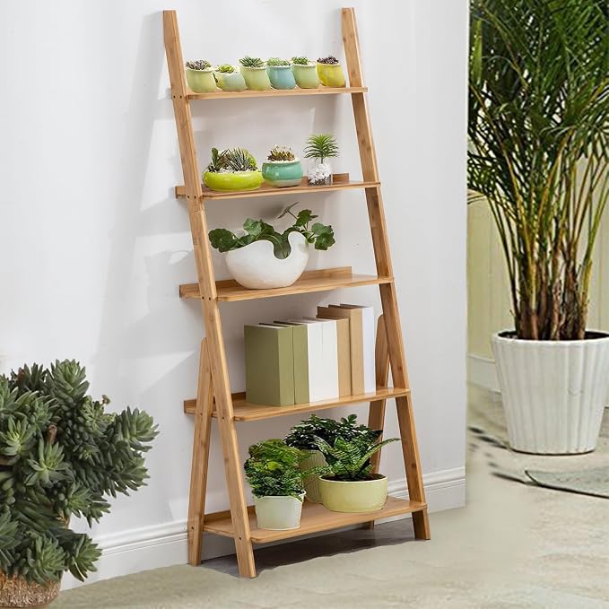 Maydear Bamboo Ladder Shelf Bookcase, 5-Tier Leaning Bookshelf Free Standing - Image 6