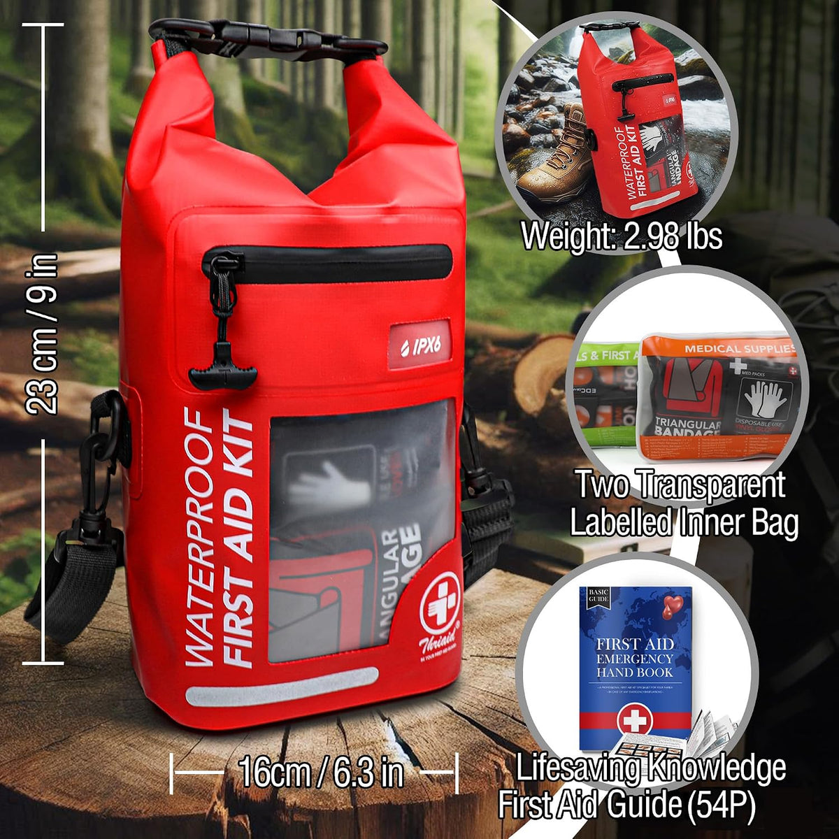 250 PCS Water‐Resistant First Aid Kit, Roll Top Reflective Emergency