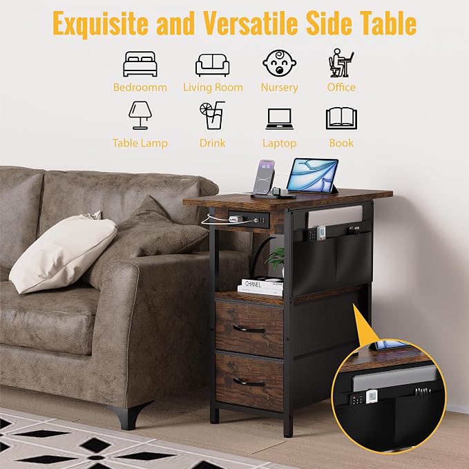 Small Side Table with Charging Station, Narrow Nightstand Bedside Tables with - Image 5