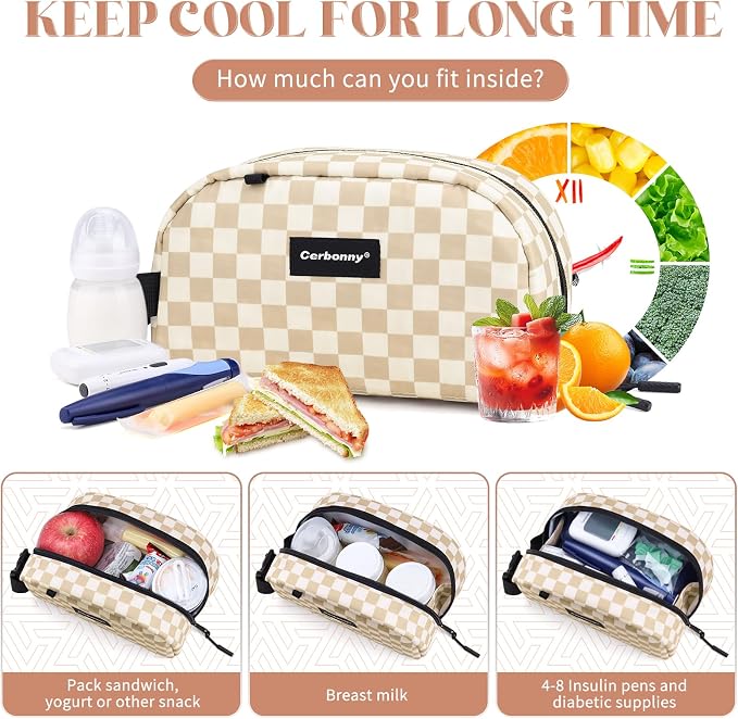 Cerbonny Reusable Lunch Bag, Khaki Checkerboard, Leak Proof, Zipper Closure - Image 4