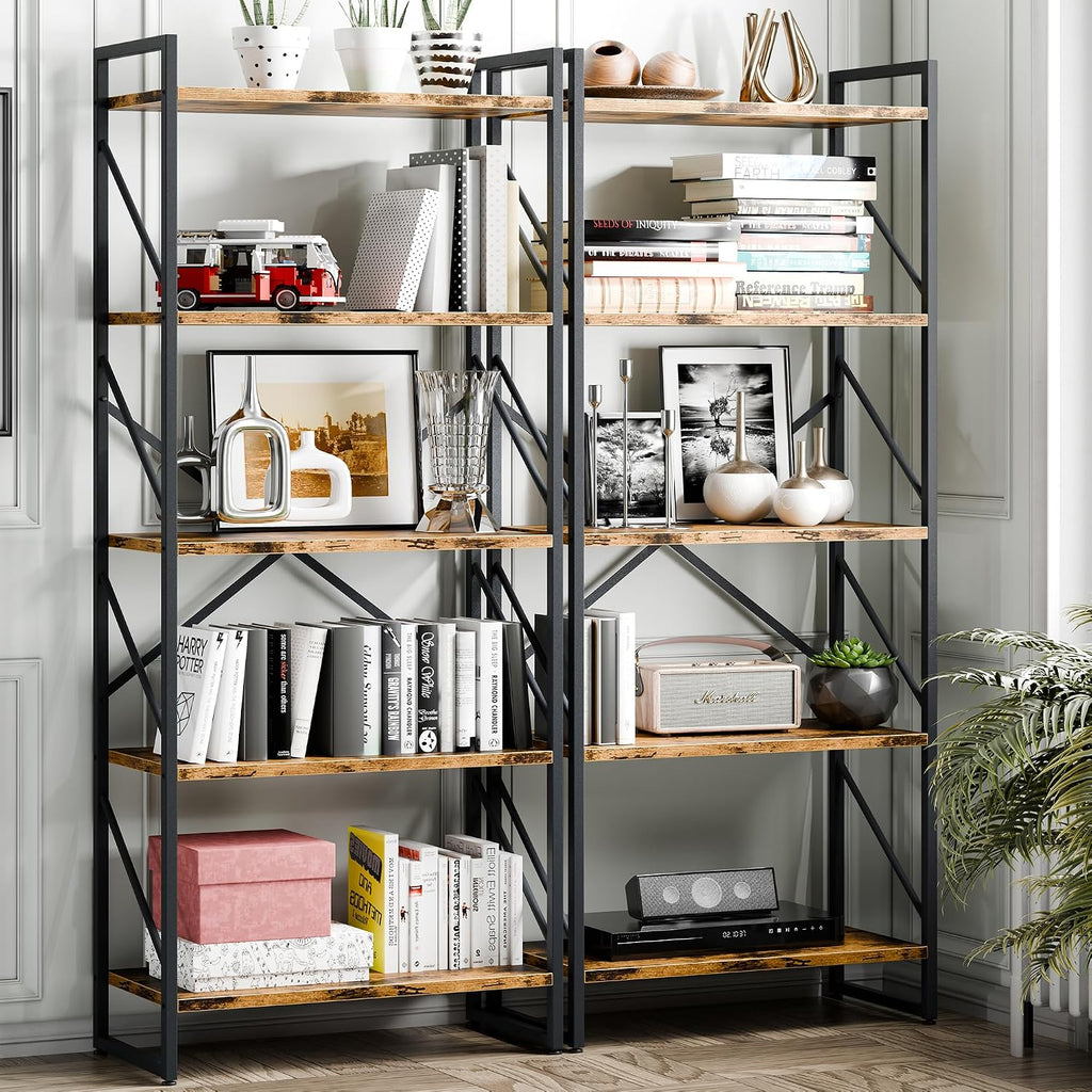 Vongrasig 5 Tier Metal Bookshelf, Narrow Industrial Bookcase, Walnut