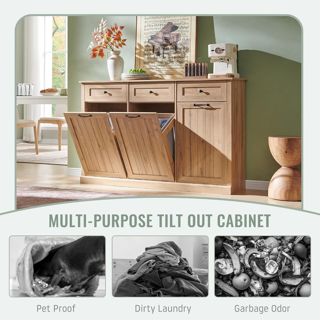 IFBUY Triple Tilt Out Laundry Hamper Cabinet, Trash Cabinet, Natural