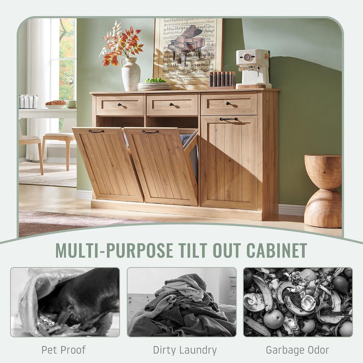 IFBUY Triple Tilt Out Laundry Hamper Cabinet, Trash Cabinet, Natural