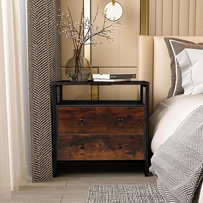 27 inch Wide Night Stand with Charging Station, Bedside Table with Open Shelf - Image 2