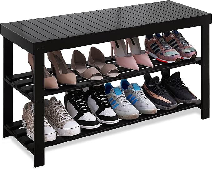 SMIBUY Bamboo Shoe Rack Bench, 3-Tier Shoe Organizer Storage Shelf by SMIBUY
