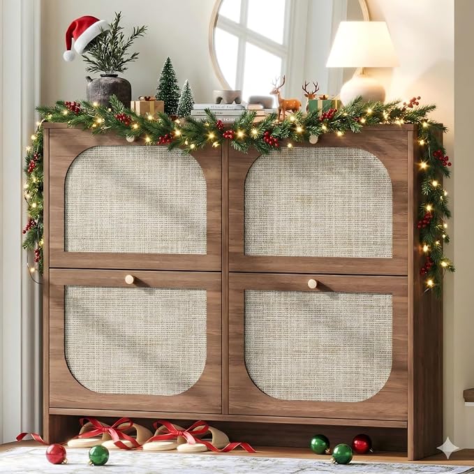 Nicetree Freestanding Ultra Slim Arched Rattan Accent Shoe Storage Cabinet by Nicetree