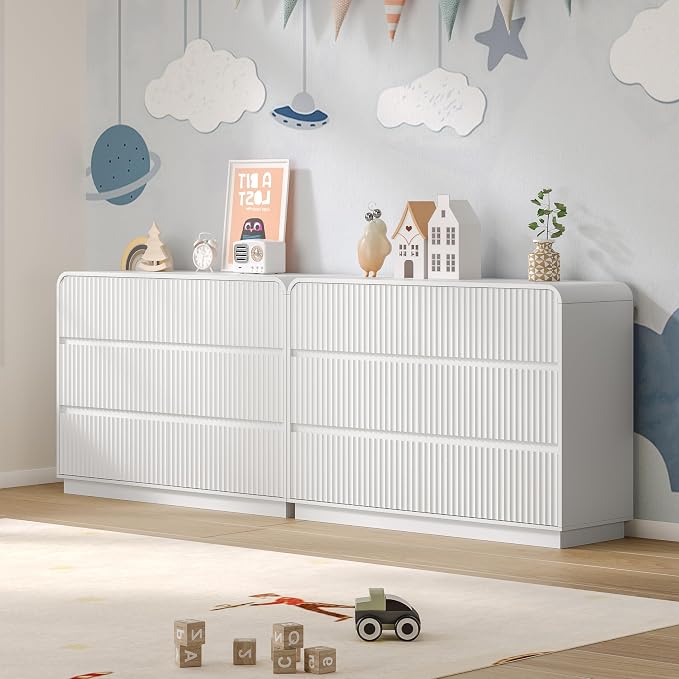 Dresser for Bedroom with 6 Drawers, Fluted Chest of Drawers with Round Curved - Image 6
