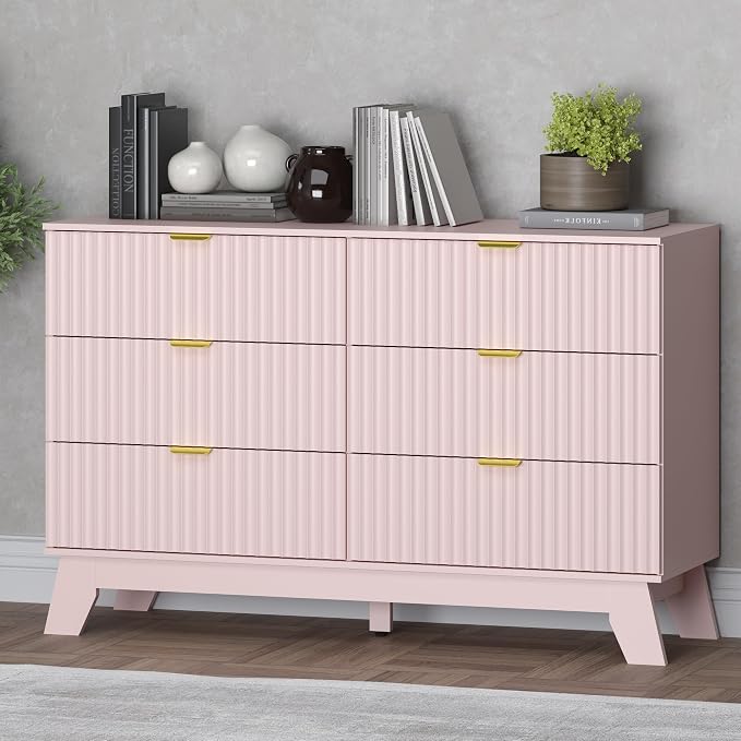 Fluted 6 Drawer Dresser, 47.2" Wide Modern Boho Chest of Drawers, Wooden by BORNOON