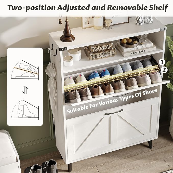 Shoe Cabinet with 2 Flip Drawers & Open Storage, Farmhouse Shoe Storage Cabinet - Image 3