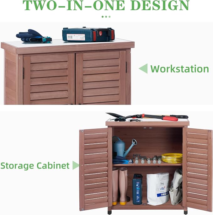 Outdoor Potting Bench with Storage Cabinet and Metal Top, Wood Workstation - Image 5