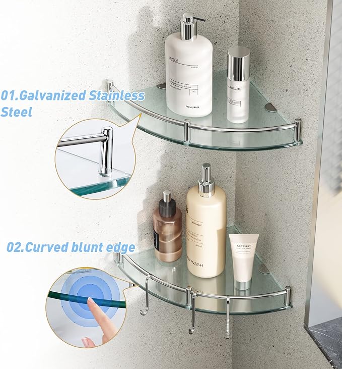 HouseMila Glass Shower Shelves, 2 Tier Tempered Glass Corner Shelf Shower - Image 5