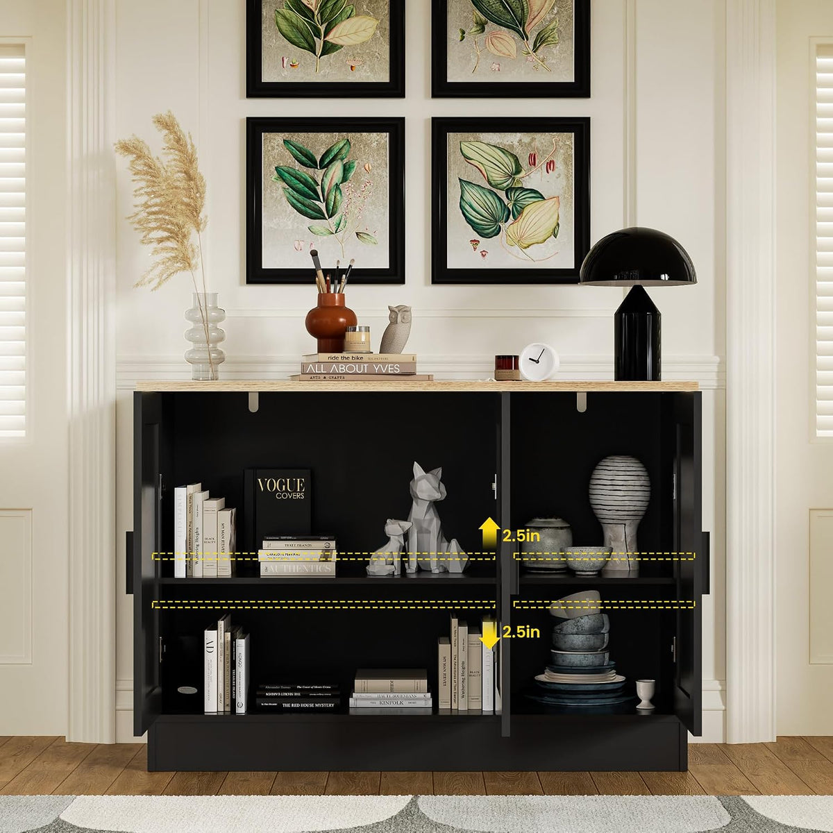 Anystyle 43" Black Buffet Cabinet with Black Handles, Small Kitchen
