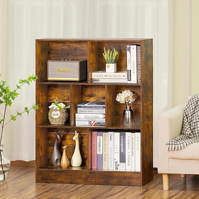 LEYAOYAO 7 Cube Bookshelf with Base, 3 Tier Mid-Century Modern Brown Bookcase - Image 6