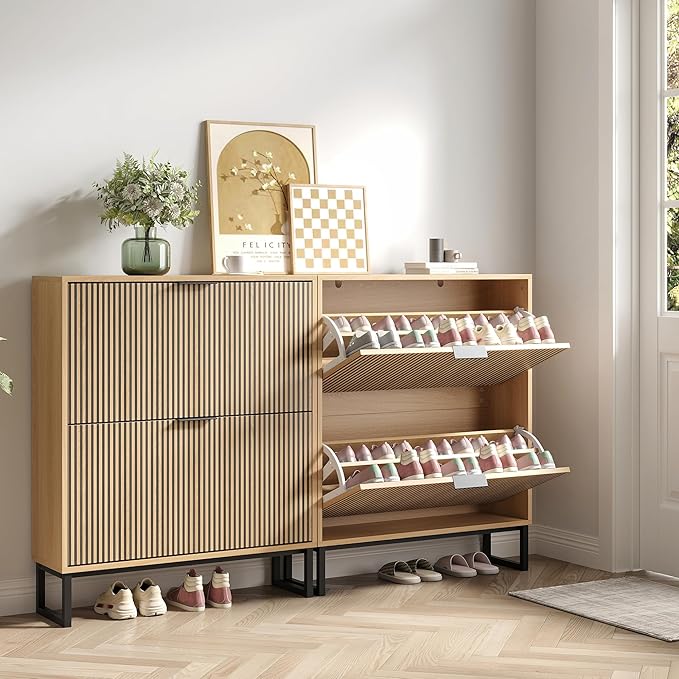 Shoe Cabinet with 2 Flip Drawers Set of 2, Narrow Wood Shoe Cabinet Storage by Provideyouwithbestproduct%EF%BC%81
